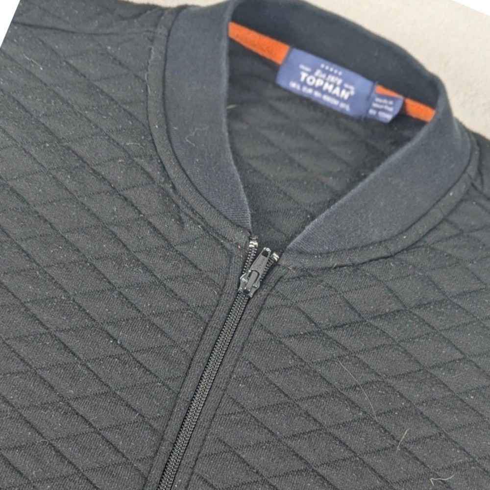 TOPMAN Mens L Black Quilted Bomber Jacket Full Zip Layering Lined Workwear Cozy